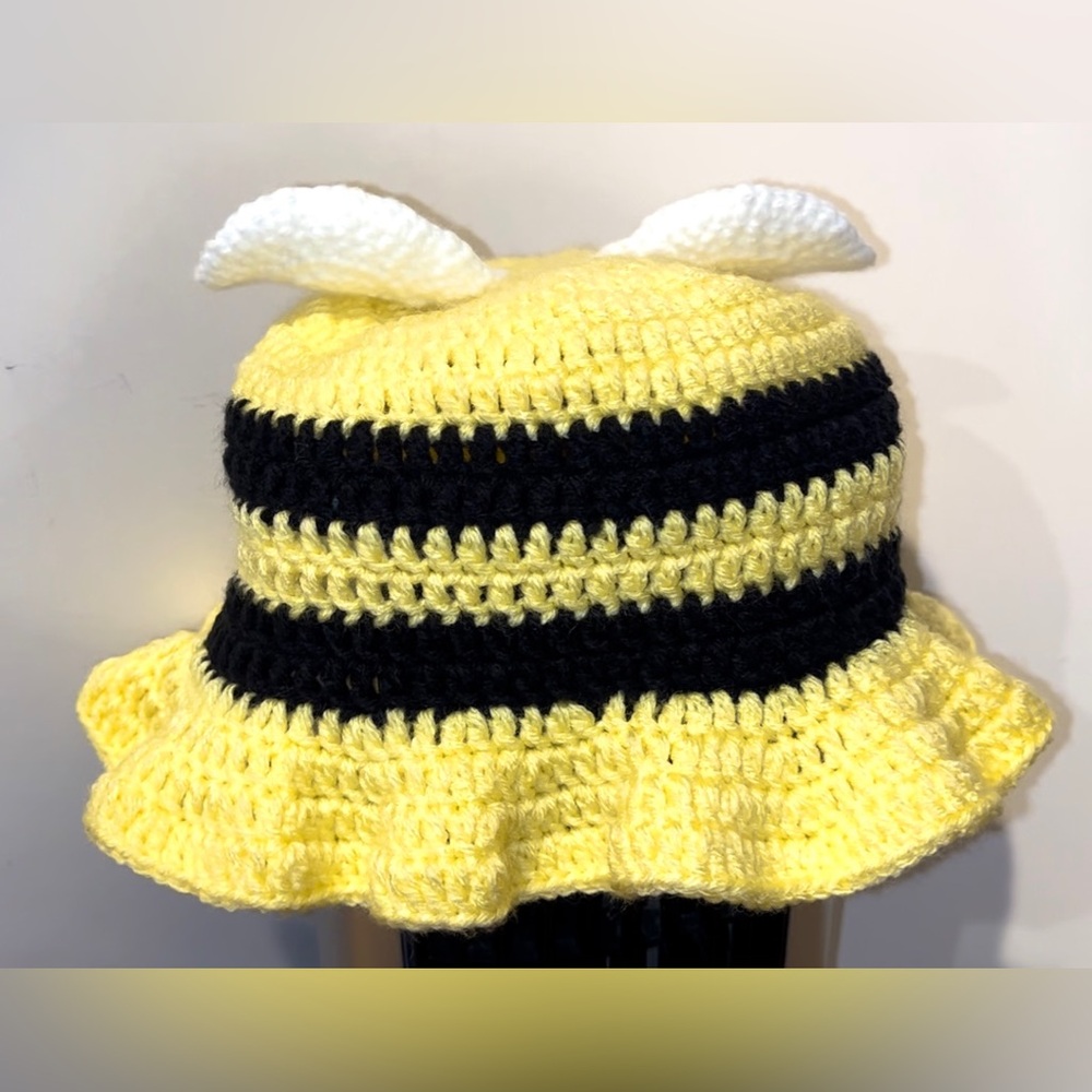Handmade Crochet Bucket Hat Yellow Bumblebee w/ Wings Ruffle Costume Halloween